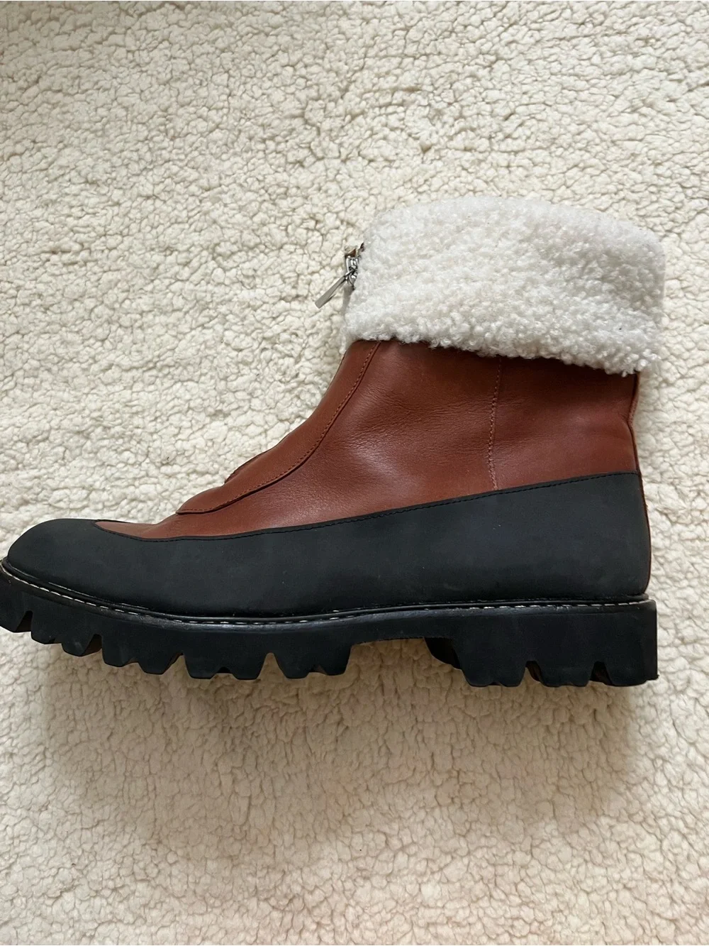 J. Crew Brown Leather & Black Rubber Shearling Cuff Ankle Boot Sz 11, BD826